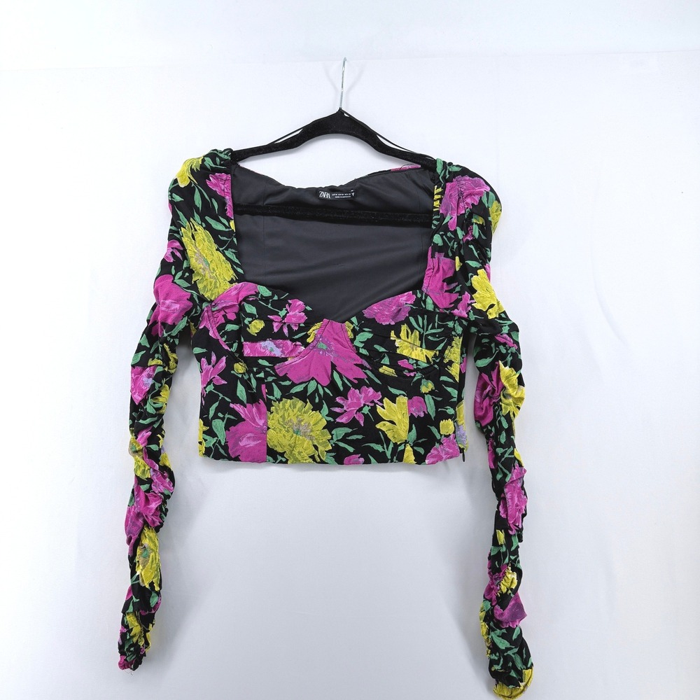 Zara‎ Floral Ruched Long Sleeve Crop Top Sweetheart Neck Bustier Size M